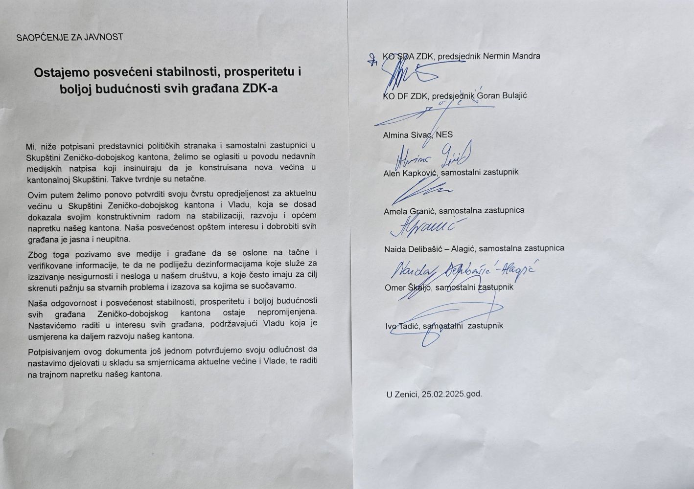 SAOPĆENJE ZA JAVNOST-Ostajemo posvećeni stabilnosti, prosperitetu i boljoj budućnosti svih građana ZDK-a