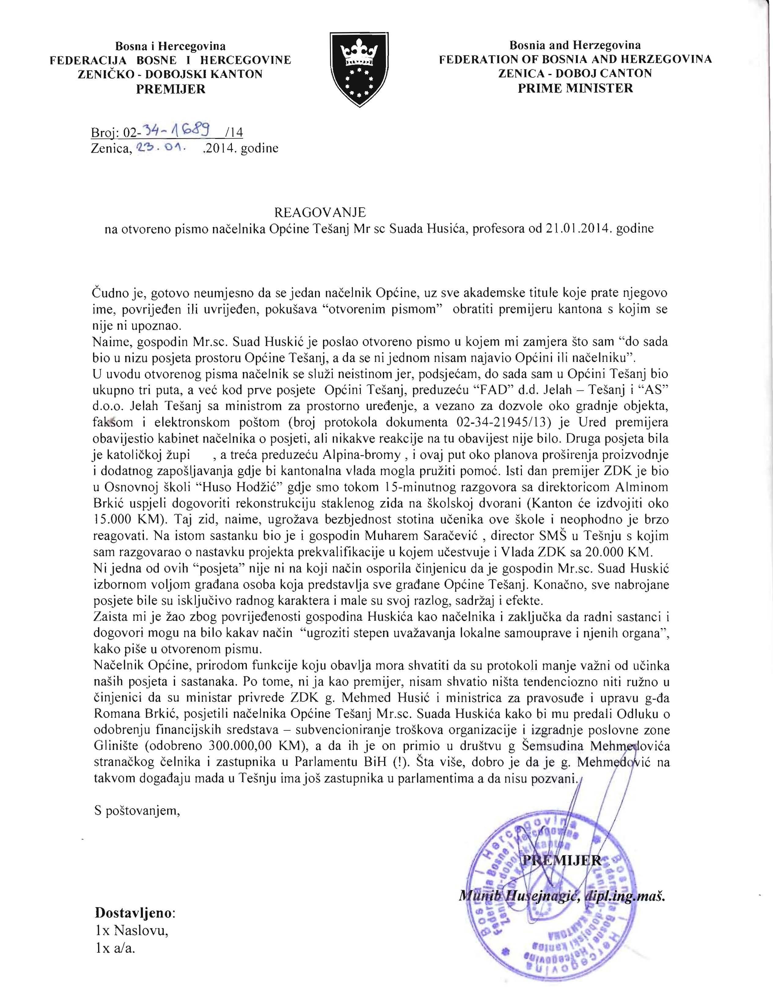 Reagovanje na otvoreno pismo načelnika Općine Tešanj mr sc Suada Husića, profesora od 21.01.2014.godine