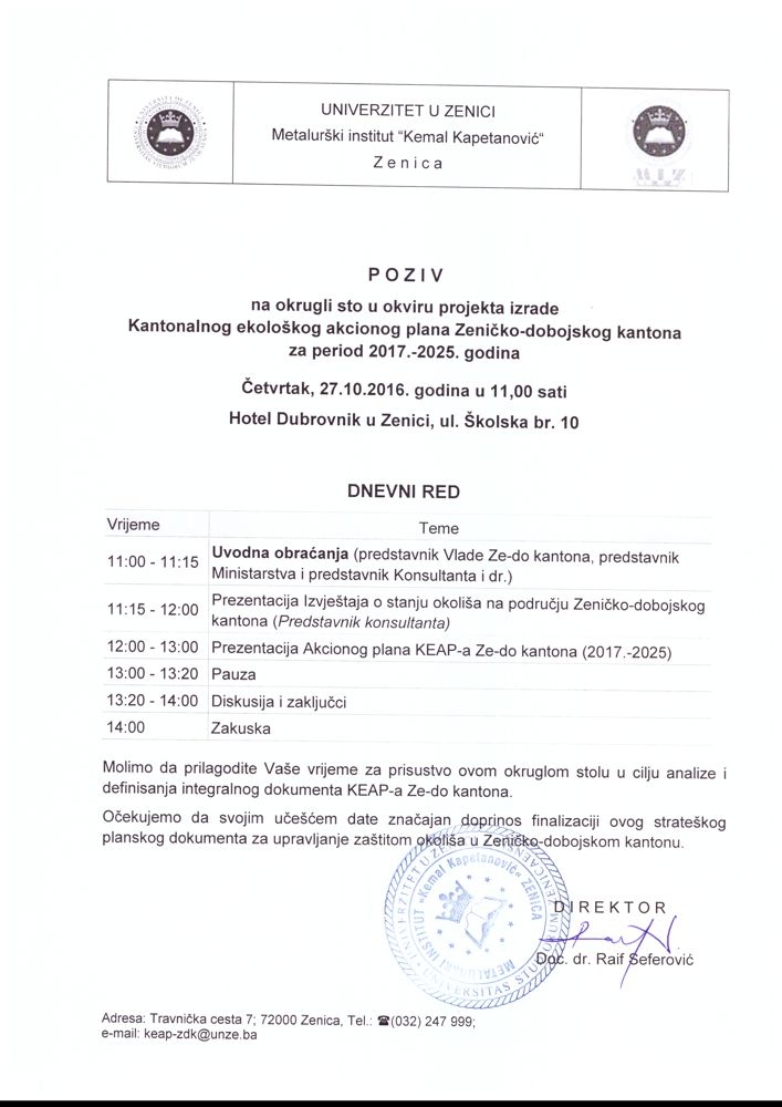 Poziv na okrugli sto u okviru izrade projekta izrade Kantonalnog ekološkog akcionog plana ZDK za period 2017-2025.godina