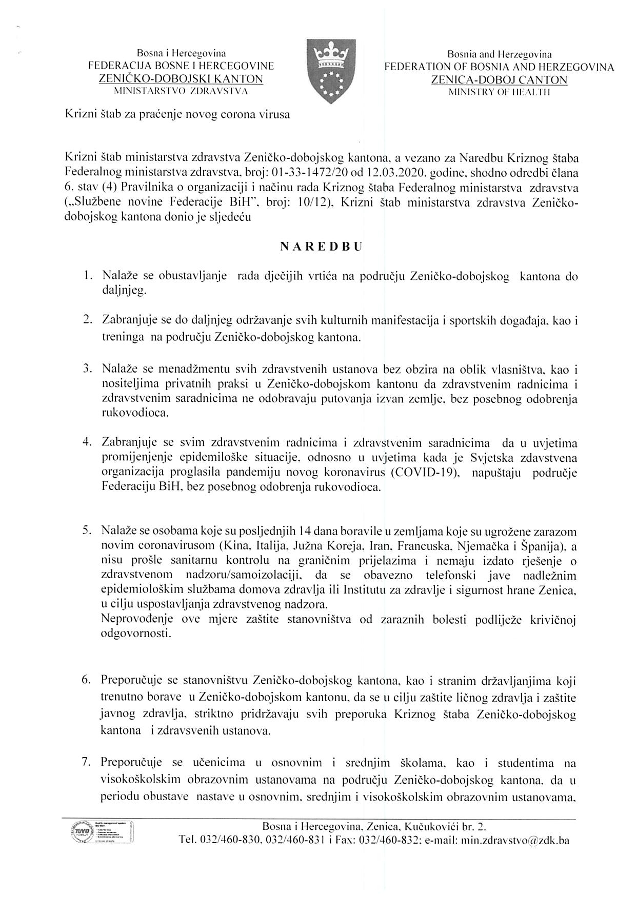 Naredba Kriznog štaba Ministarstva zdravstva-postupanje po mjerama sprečavanja širenja corona virusa