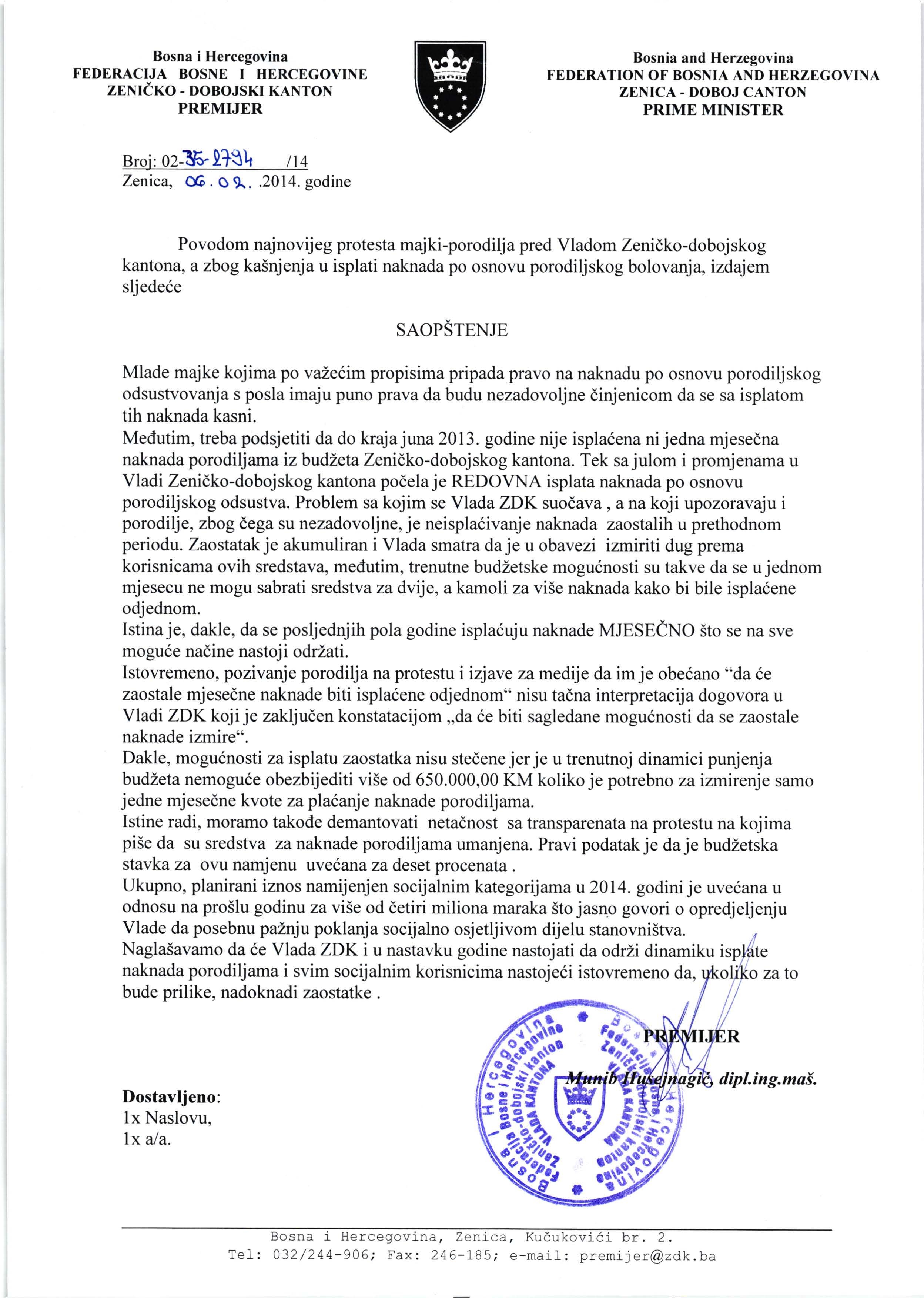 Saopštenje Premijera ZDK