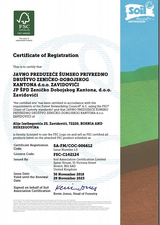 JP "ŠPD ZDK" D.O.O. ZAVIDOVIĆI POSTALO VLASNIK MEĐUNARODNOG FSC CERTIFIKATA ZA ŠGP "GORNJEBOSANSKO"