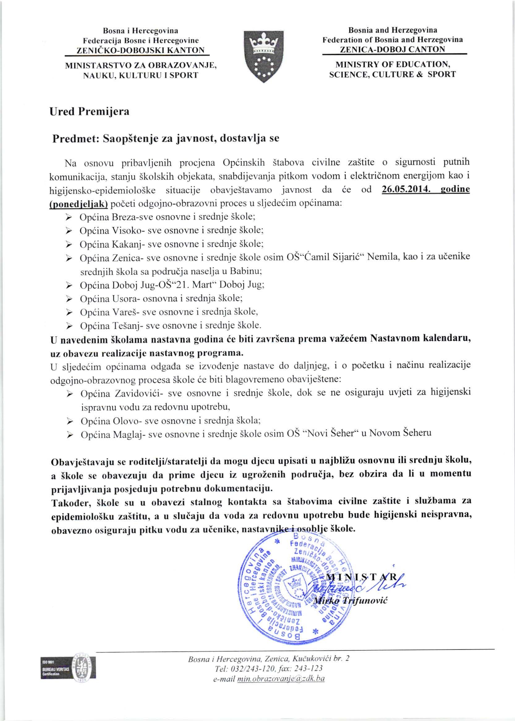 SAOPŠTENJE VEZANO ZA POČETAK NASTAVE