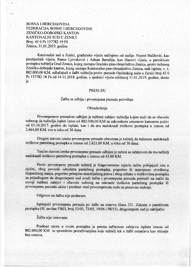 GRAD ZENICA IZGUBIO SPOR O VODNIM NAKNADAMA PROTIV ZENIČKO-DOBOJSKOG KANTONA