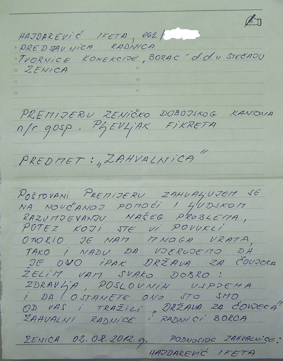 zahvalnica Ifeta Hajdarević