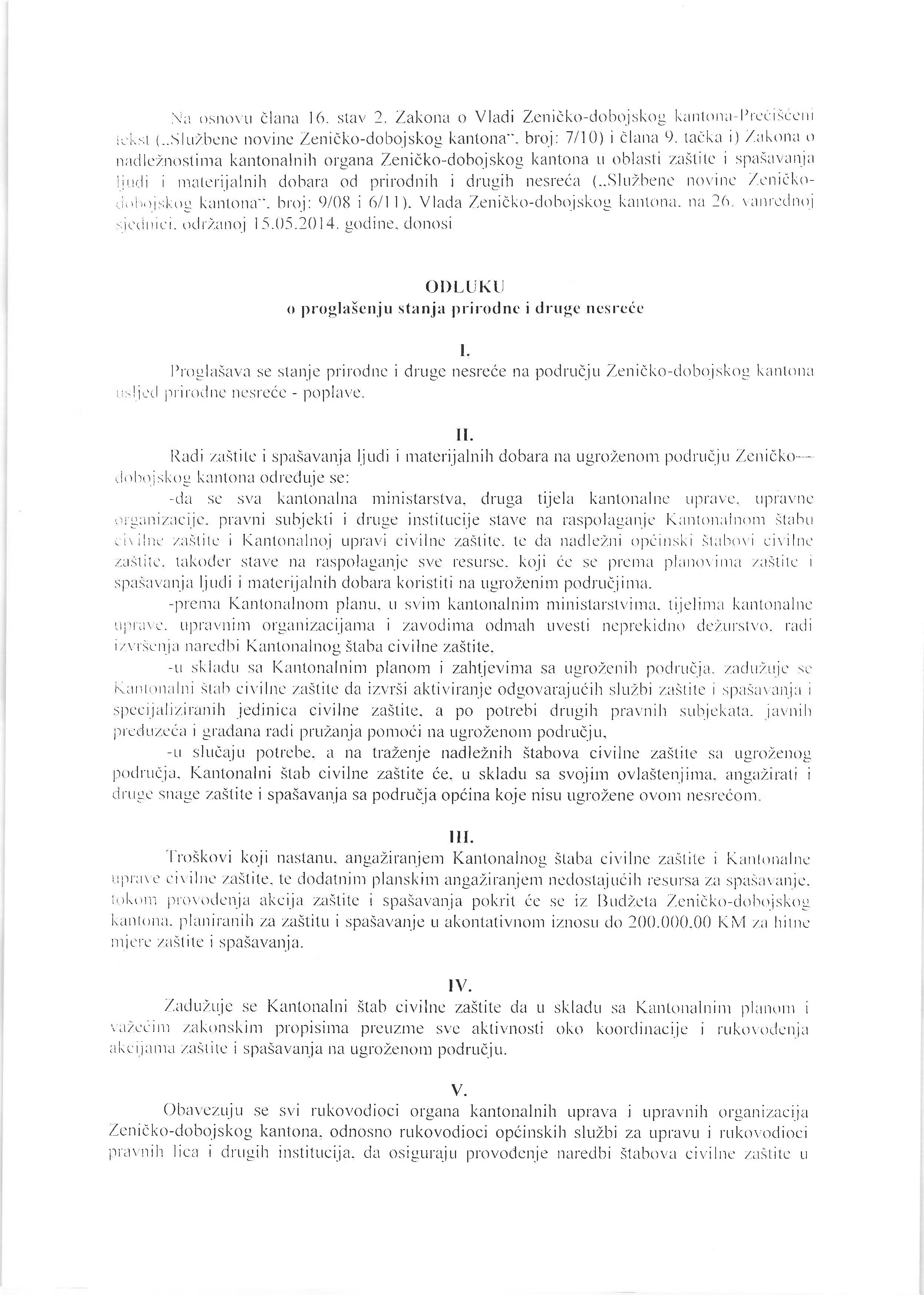 Vlada proglasila stanje prirodne i druge nesreće na području Kantona