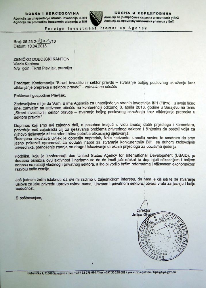 Zahvalnica premijeru Fikretu Plevljaku- Agencija za unaprjeđenje stranih investicija u BiH